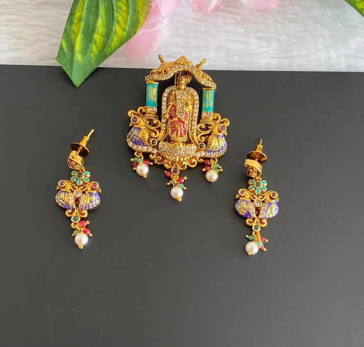 Antique Gold tone Ma Meenakshi Meenakari Pendant set